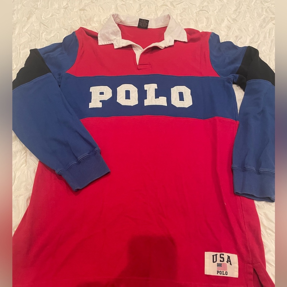 Vintage Polo Sport Ralph Lauren Spell Out Striped Rugby Shirt